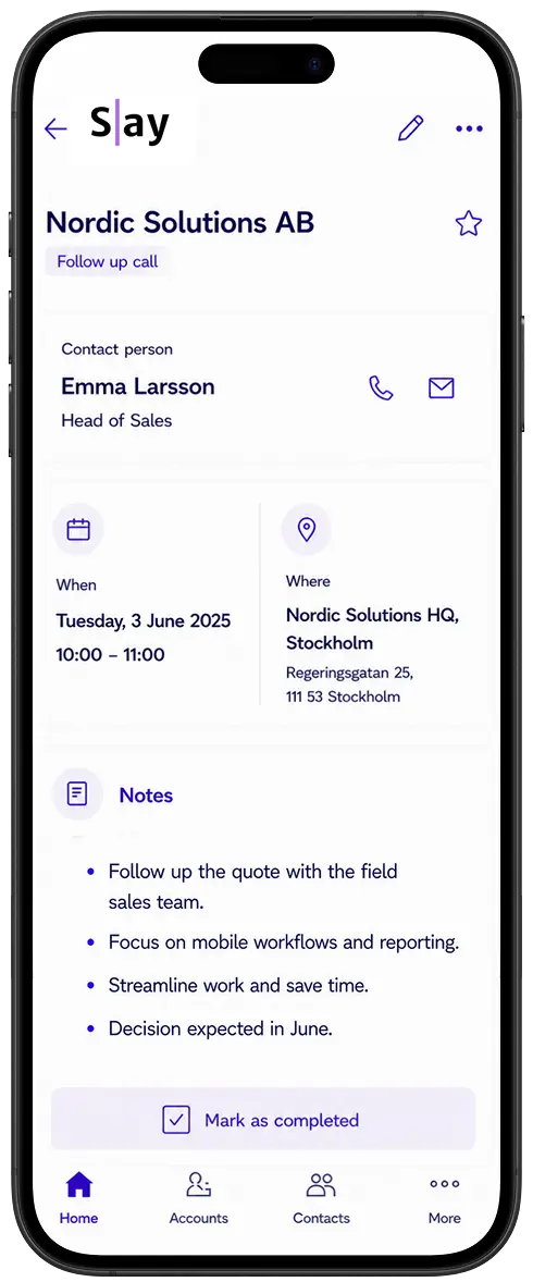 Slay CRM mobile dashboard showing today's agenda and tasks