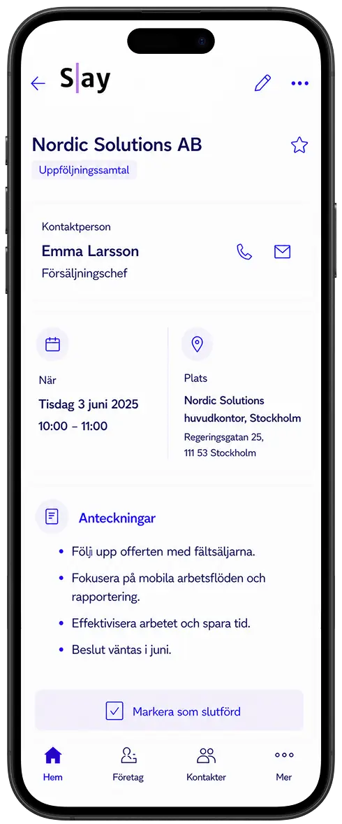 Slay CRM:s mobilvy med dagens agenda och uppgifter
